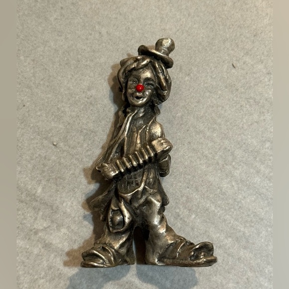 Hobo Circus Clown Solid Pewter Silver Tone Metal Figurine Accordion Red Nose EUC - Picture 1 of 4